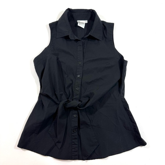 Finley Button Front Sleeveless Top Tie Front Black - Picture 1 of 6